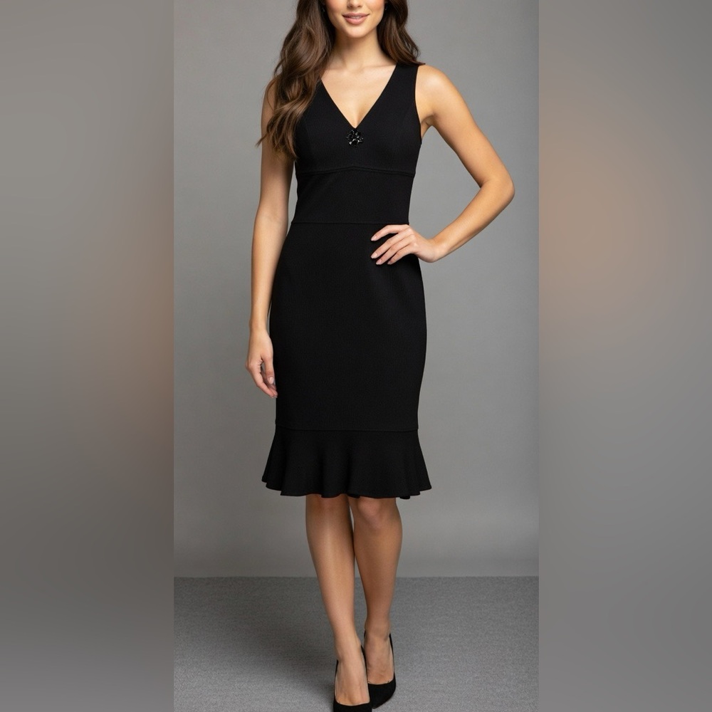 St. John Black Sleeveless Knit V Neck Jewel Pin Center Ruffle Hem Skirt 10